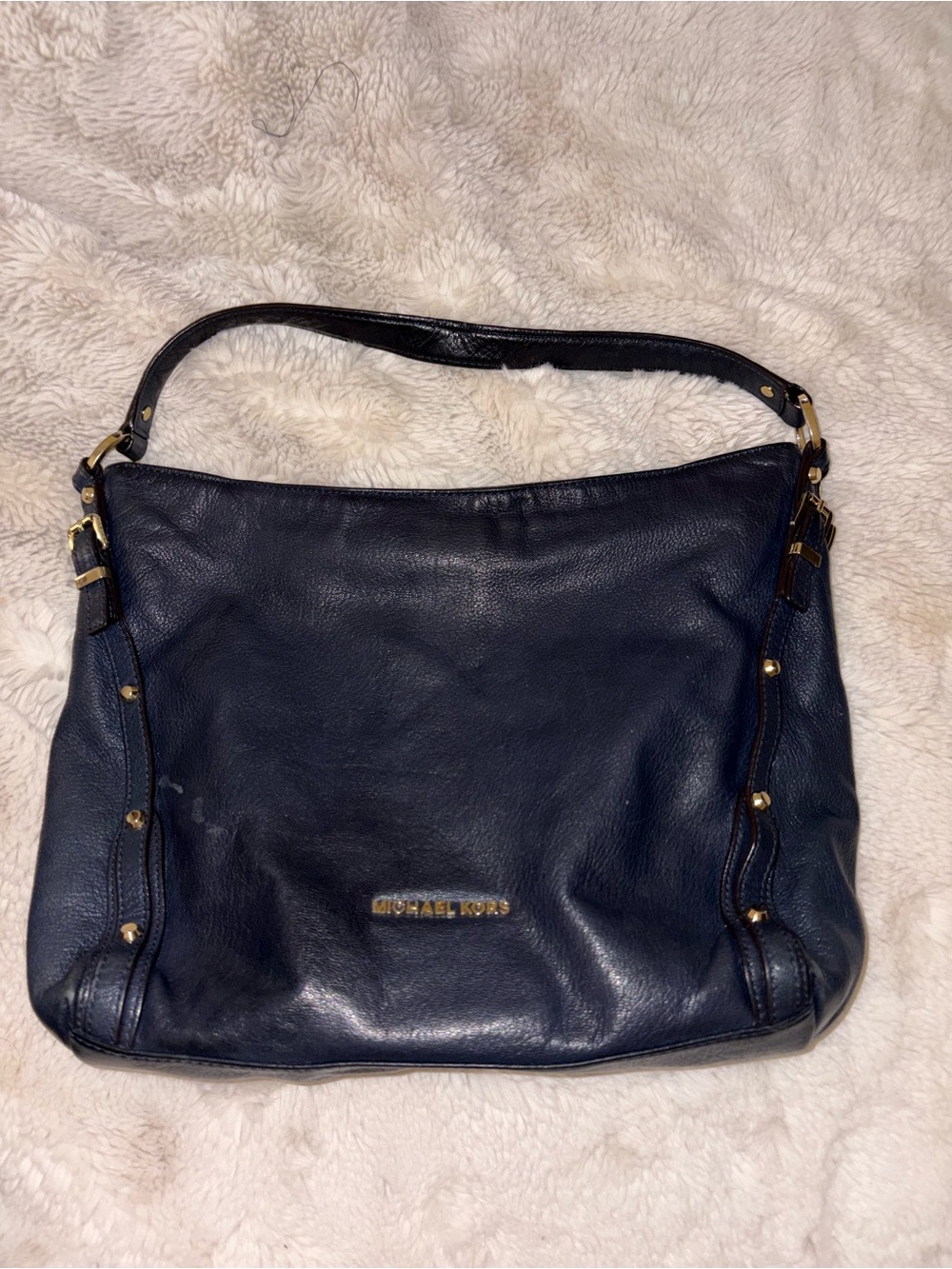 Michael Kors Astor Navy Leather Shoulder Bag with Gold Hardware